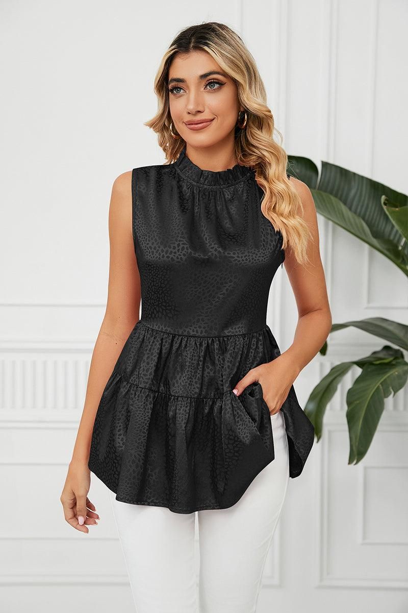 SLEEVELESS ROUND NECK RUFFLED TUNIC - Doublju
