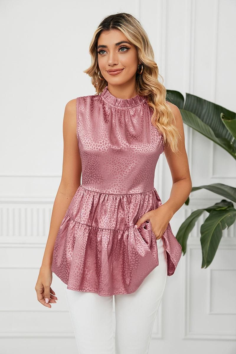 SLEEVELESS ROUND NECK RUFFLED TUNIC - Doublju