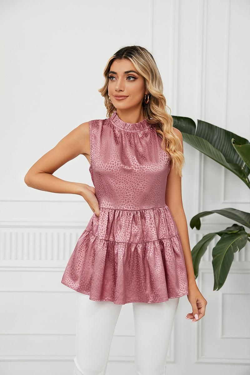 SLEEVELESS ROUND NECK RUFFLED TUNIC - Doublju