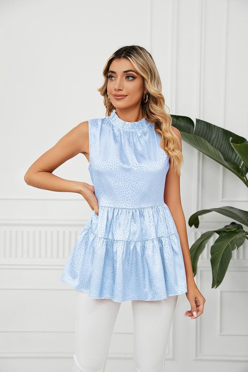 SLEEVELESS ROUND NECK RUFFLED TUNIC - Doublju