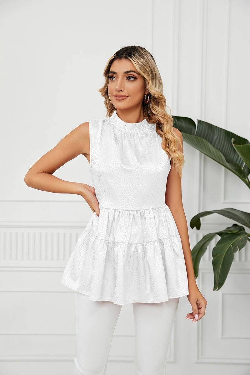 SLEEVELESS ROUND NECK RUFFLED TUNIC - Doublju