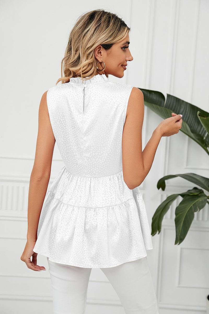 SLEEVELESS ROUND NECK RUFFLED TUNIC - Doublju