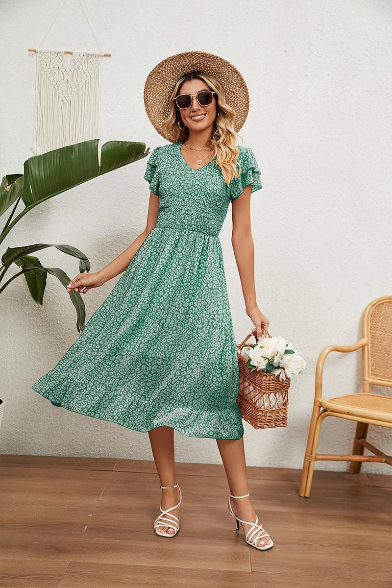 V NECK TIERED FLORAL LONG DRESS - Doublju