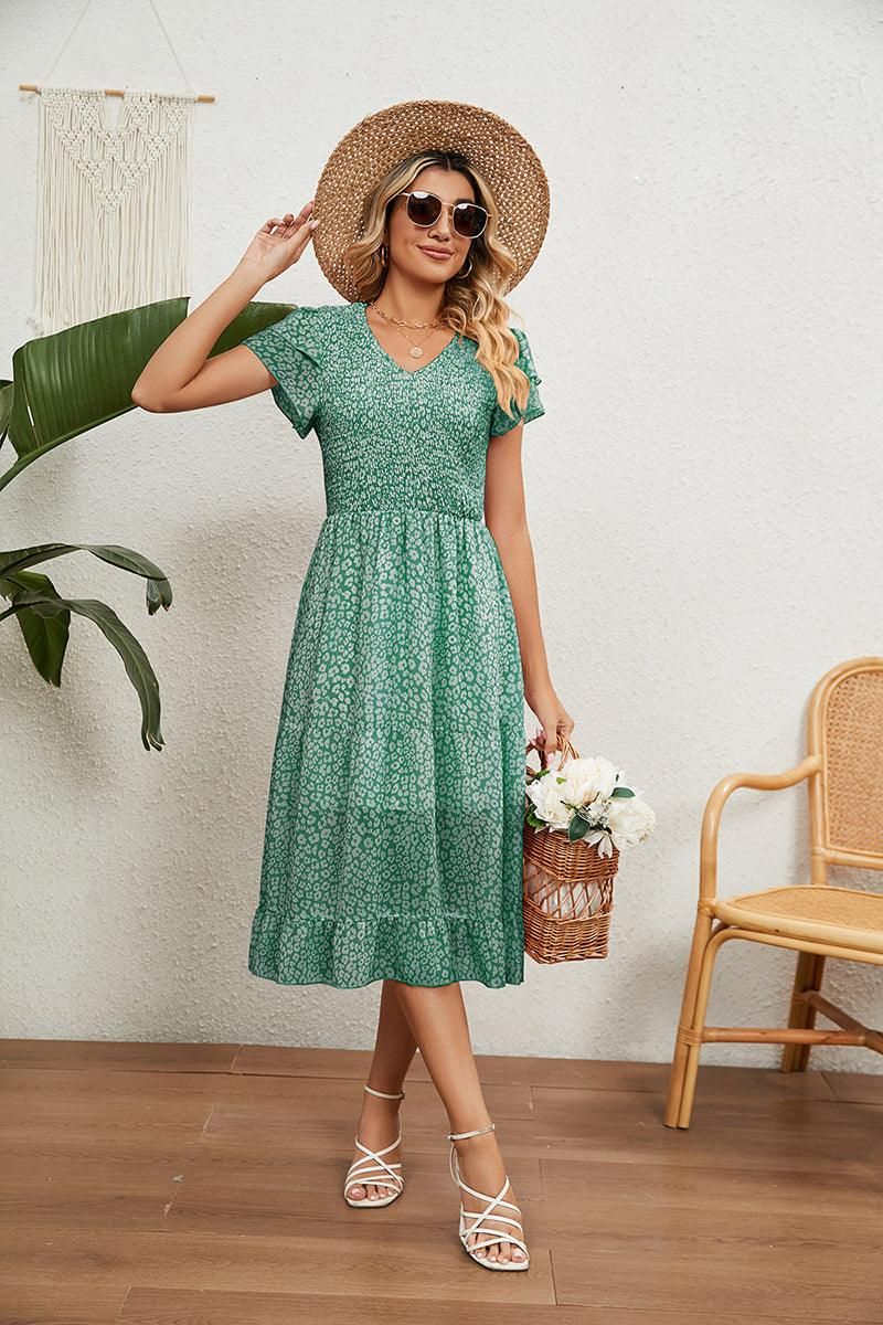 V NECK TIERED FLORAL LONG DRESS - Doublju