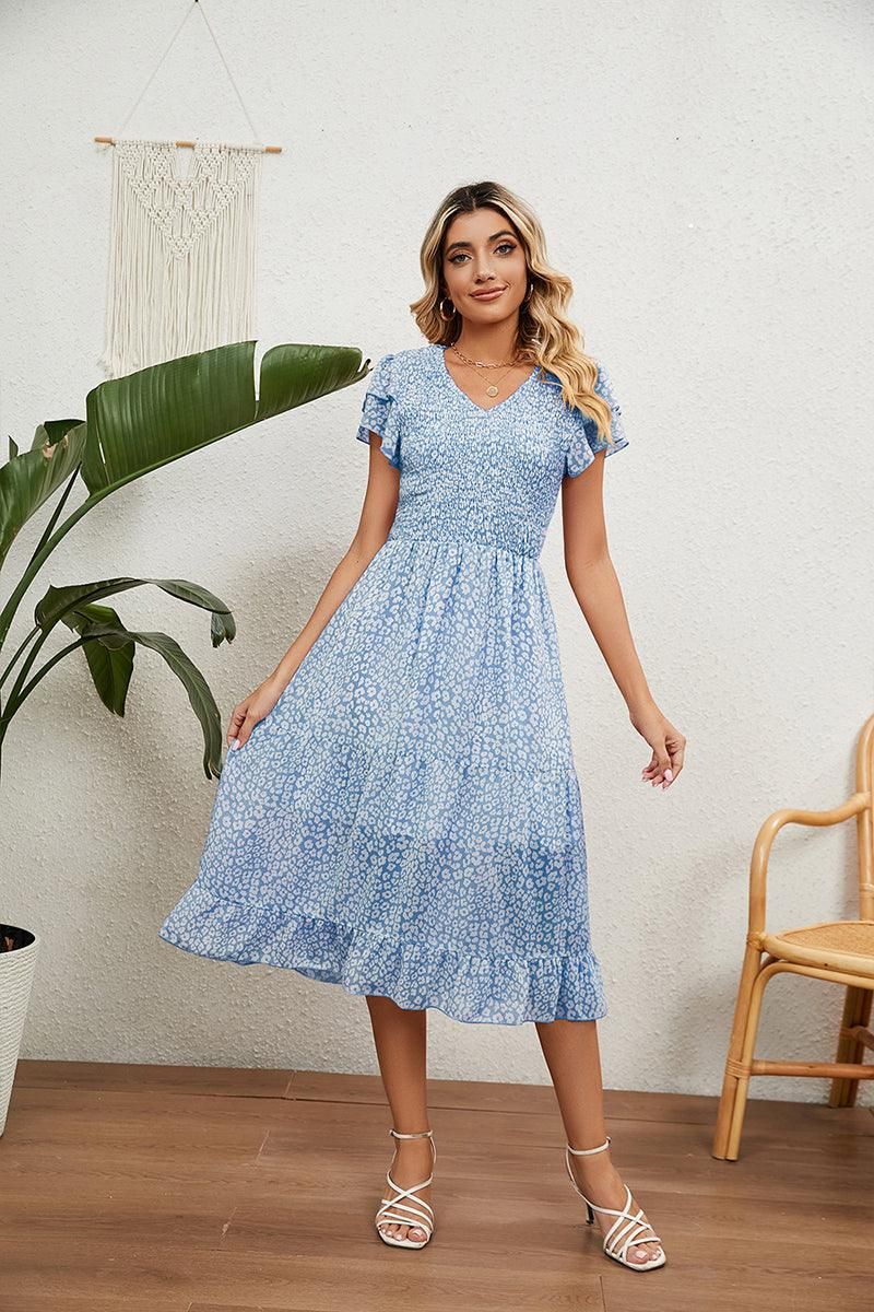 V NECK TIERED FLORAL LONG DRESS - Doublju