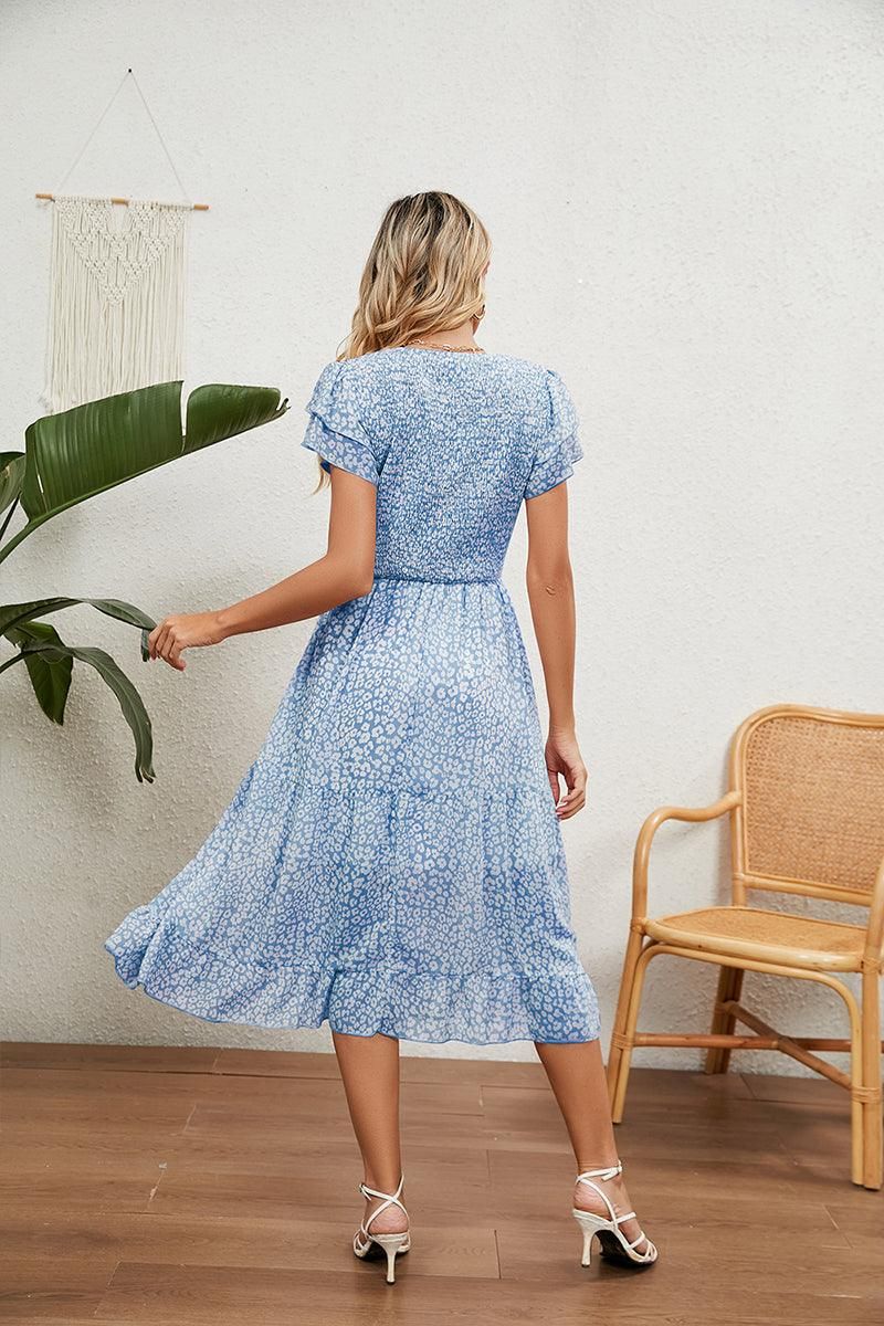 V NECK TIERED FLORAL LONG DRESS - Doublju