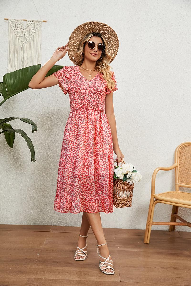 V NECK TIERED FLORAL LONG DRESS - Doublju