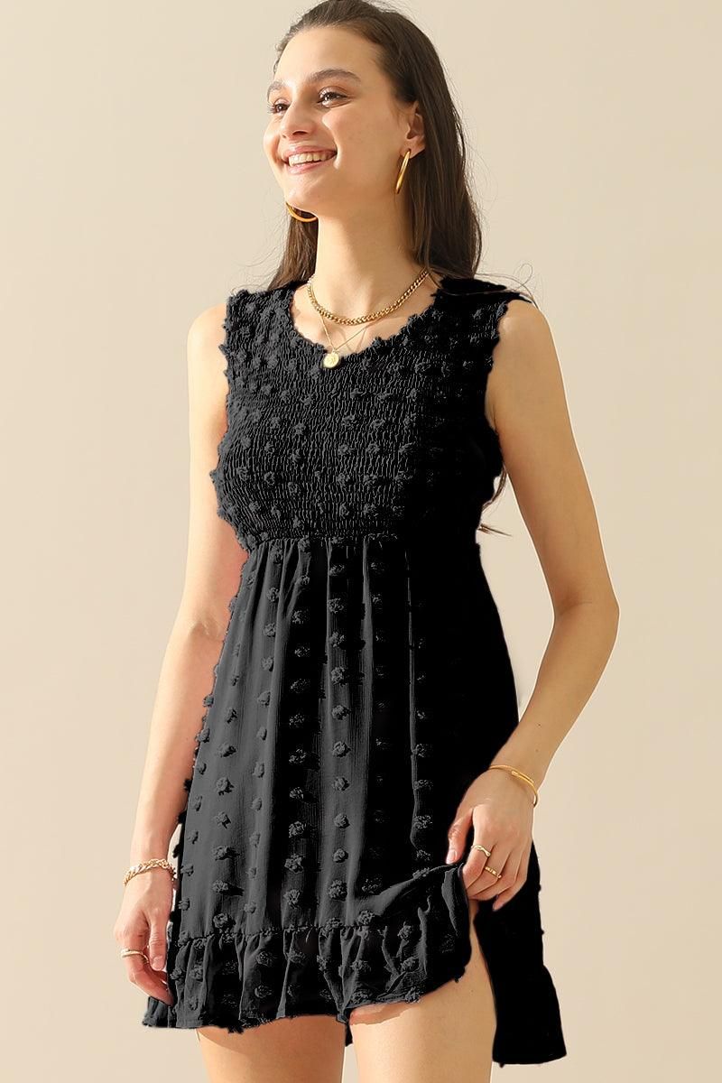 V NECK JACQUARD WEAVE SLEEVELESS DRESS - Doublju