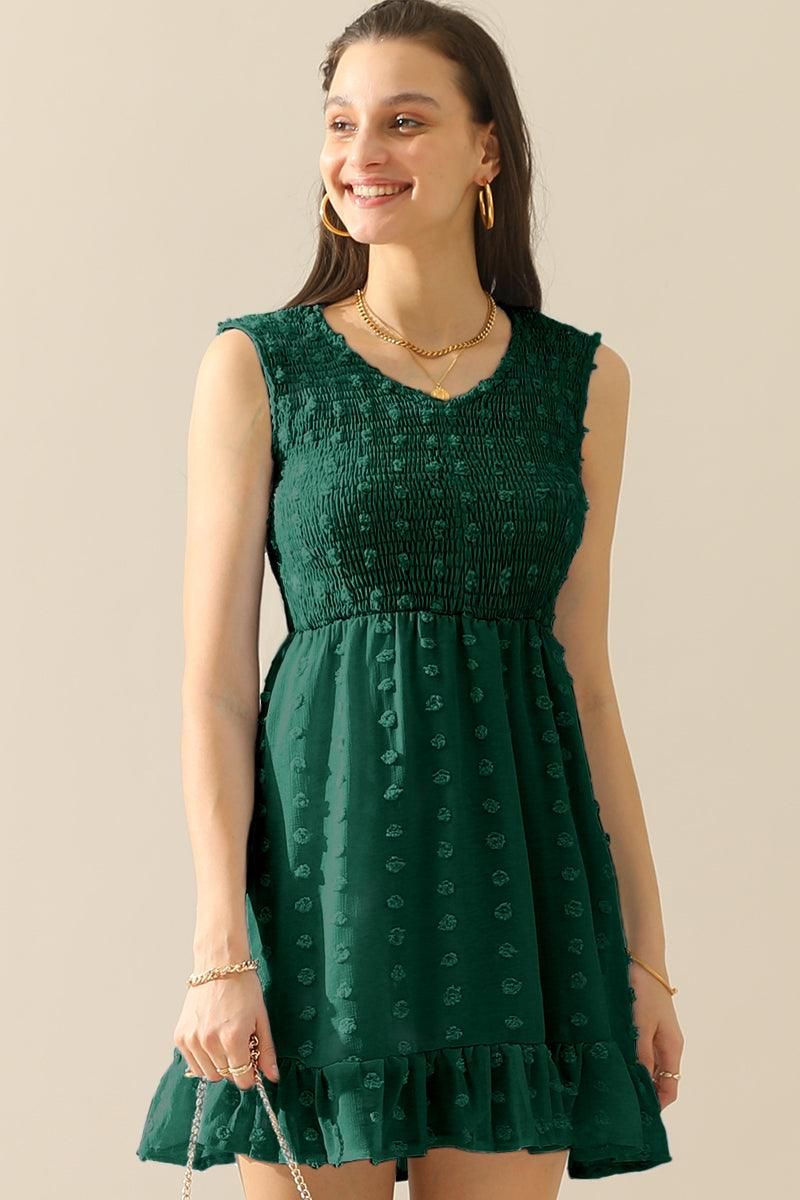 V NECK JACQUARD WEAVE SLEEVELESS DRESS - Doublju