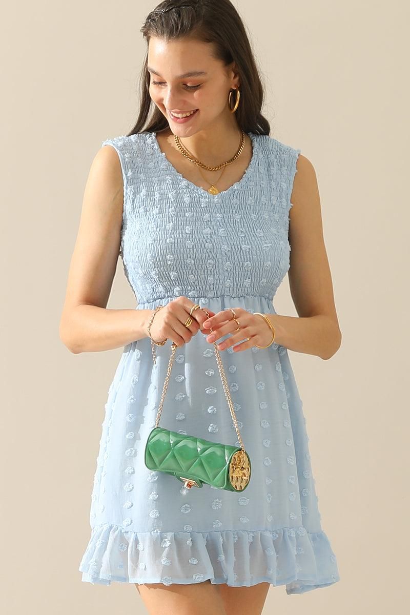 V NECK JACQUARD WEAVE SLEEVELESS DRESS - Doublju