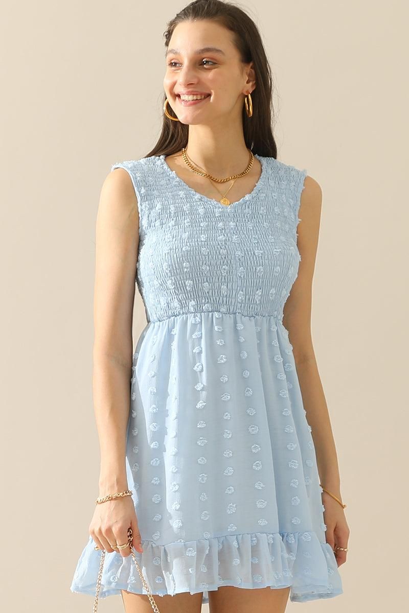 V NECK JACQUARD WEAVE SLEEVELESS DRESS - Doublju