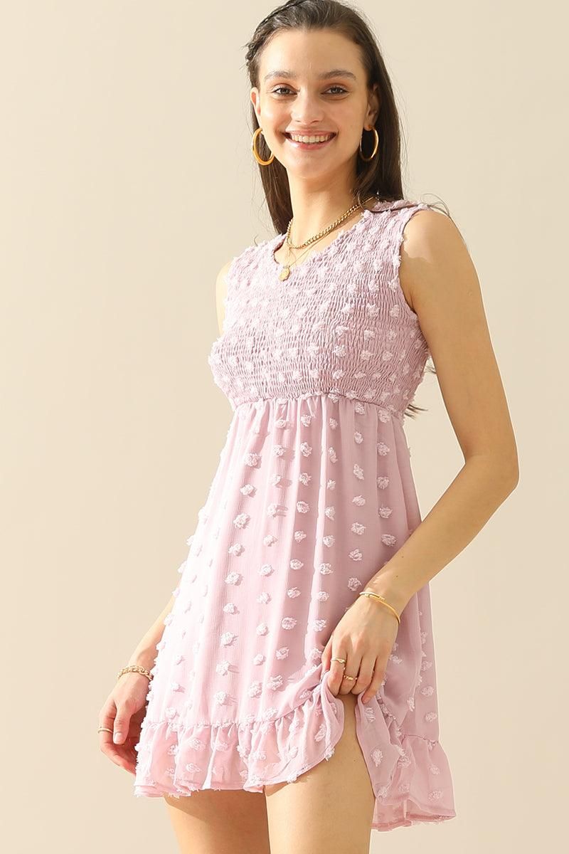 V NECK JACQUARD WEAVE SLEEVELESS DRESS - Doublju