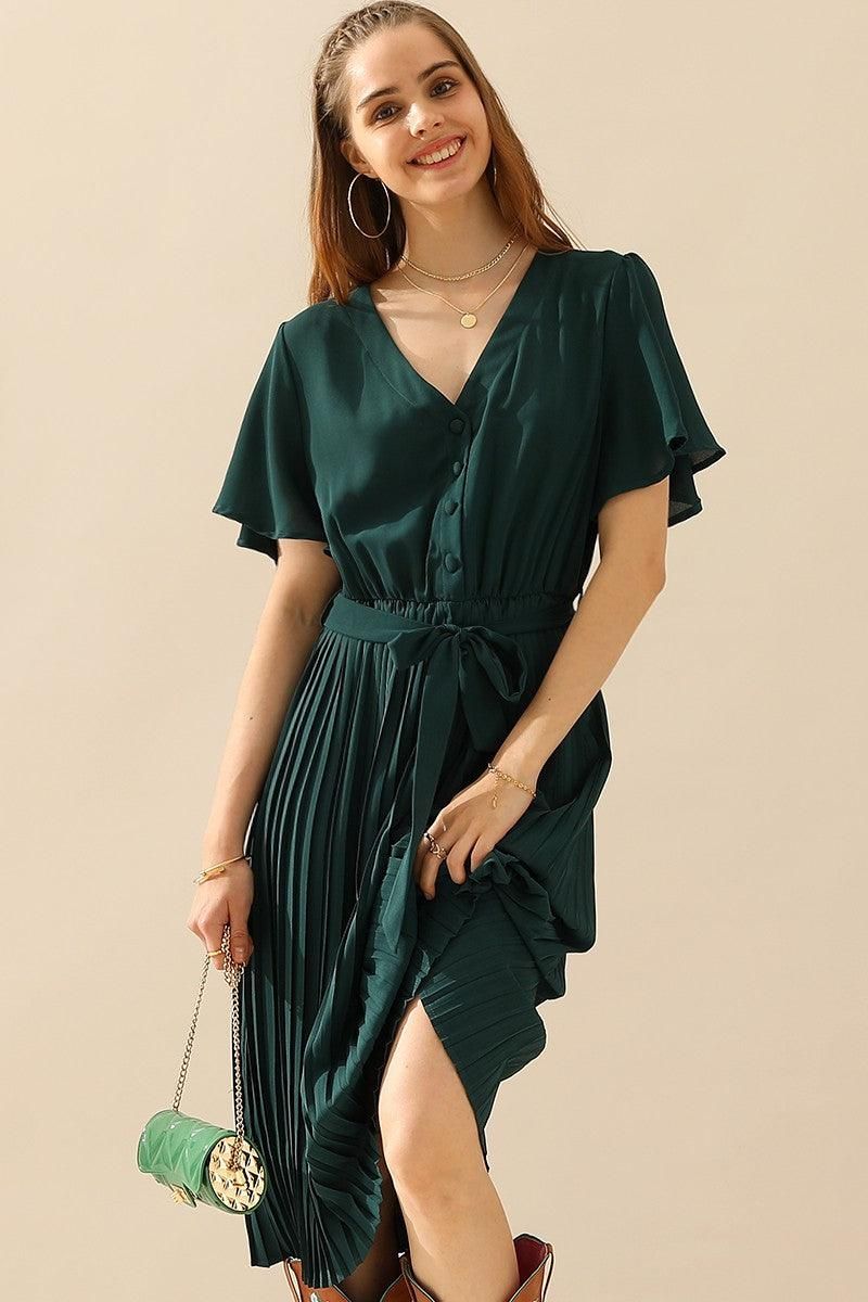 V NECK BUTTONED PLEATED DRESS - Doublju