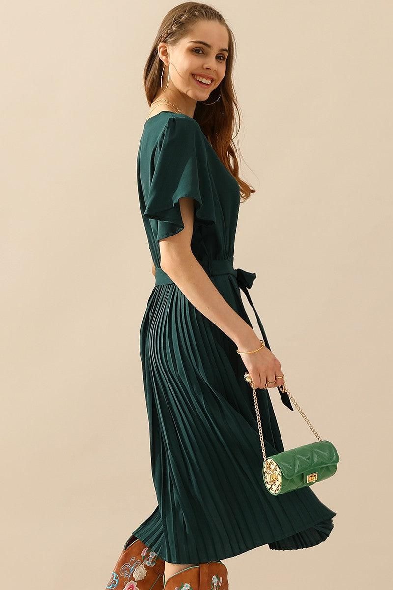 V NECK BUTTONED PLEATED DRESS - Doublju