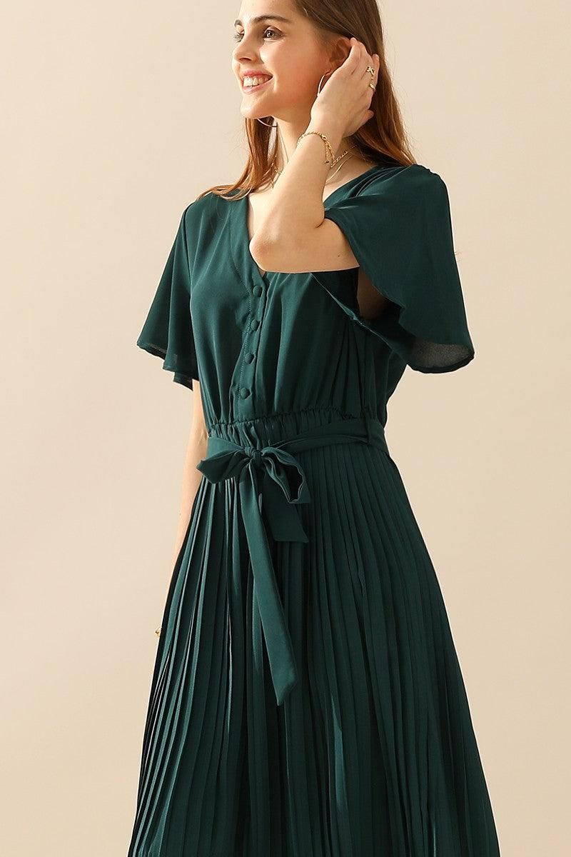 V NECK BUTTONED PLEATED DRESS - Doublju
