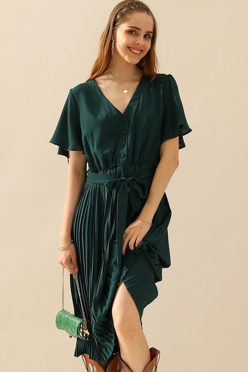 V NECK BUTTONED PLEATED DRESS - Doublju