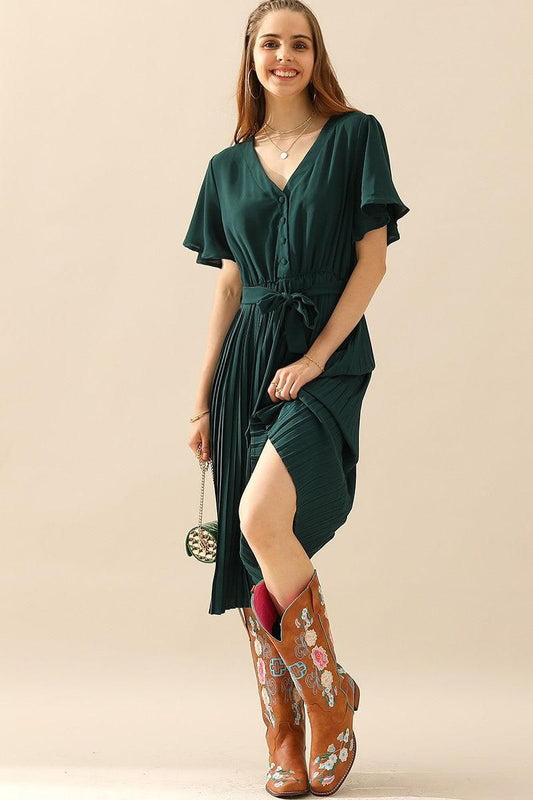 V NECK BUTTONED PLEATED DRESS - Doublju
