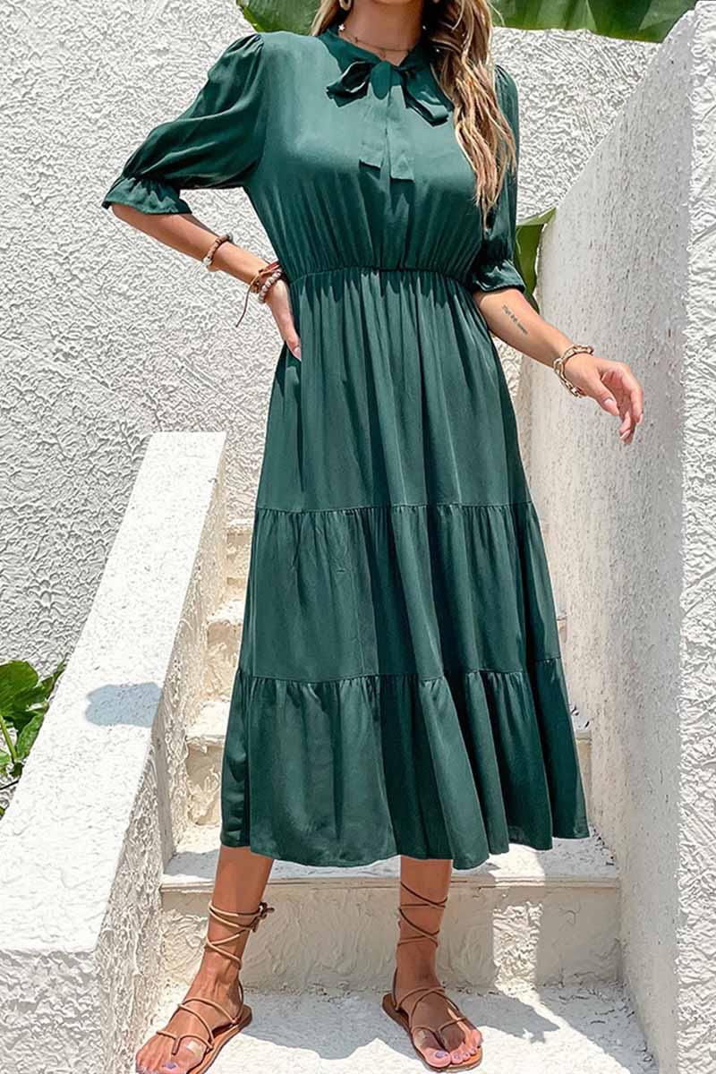 RIBBON TIED NECK RUFFLED SLEEVE CASUAL DRESS - Doublju