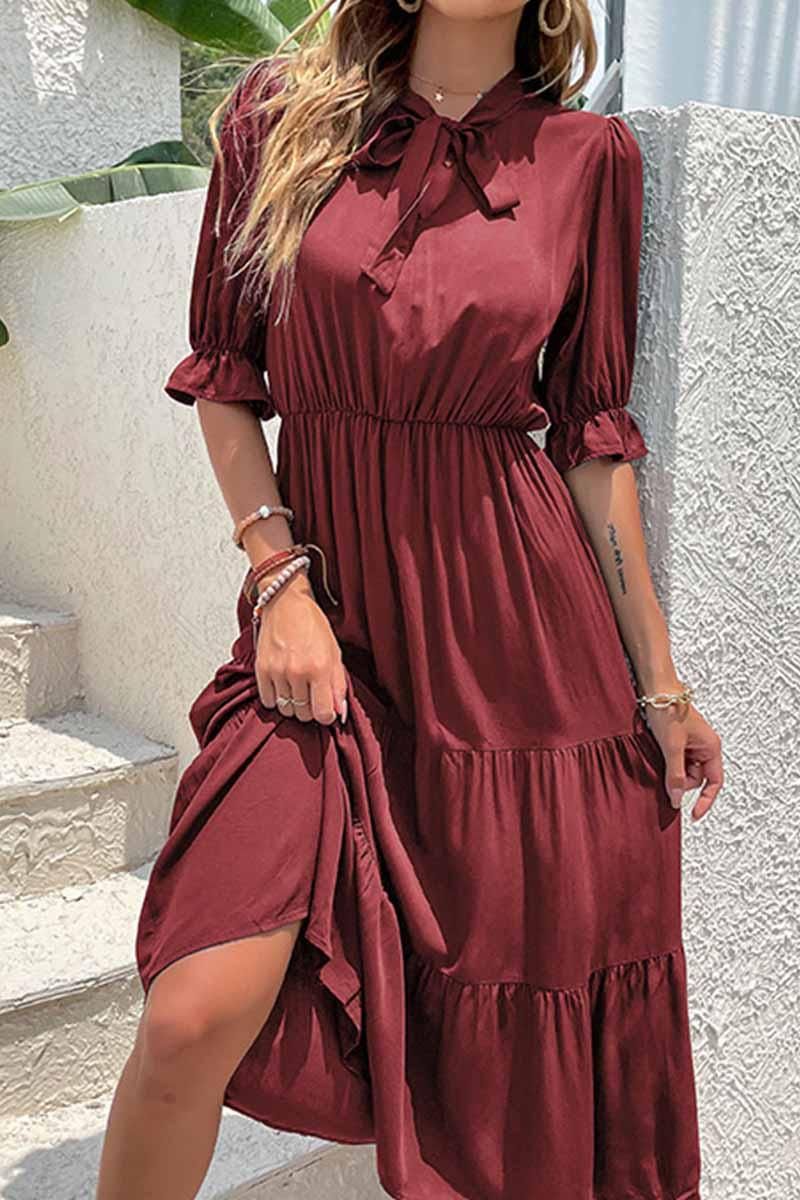 RIBBON TIED NECK RUFFLED SLEEVE CASUAL DRESS - Doublju