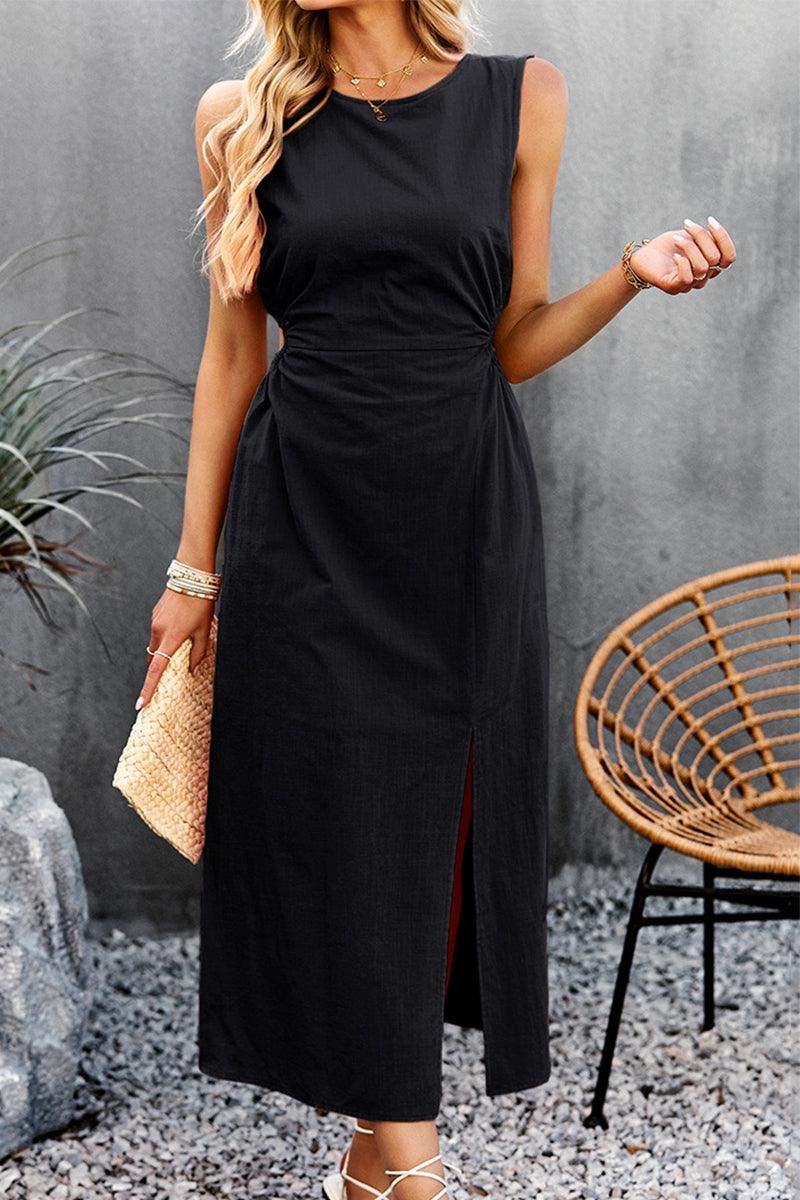 SLEEVELESS CUT OUT DETAILED SIDE SLIT DRESS - Doublju