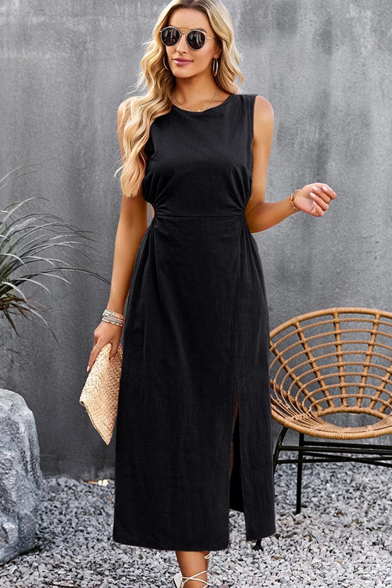 SLEEVELESS CUT OUT DETAILED SIDE SLIT DRESS - Doublju