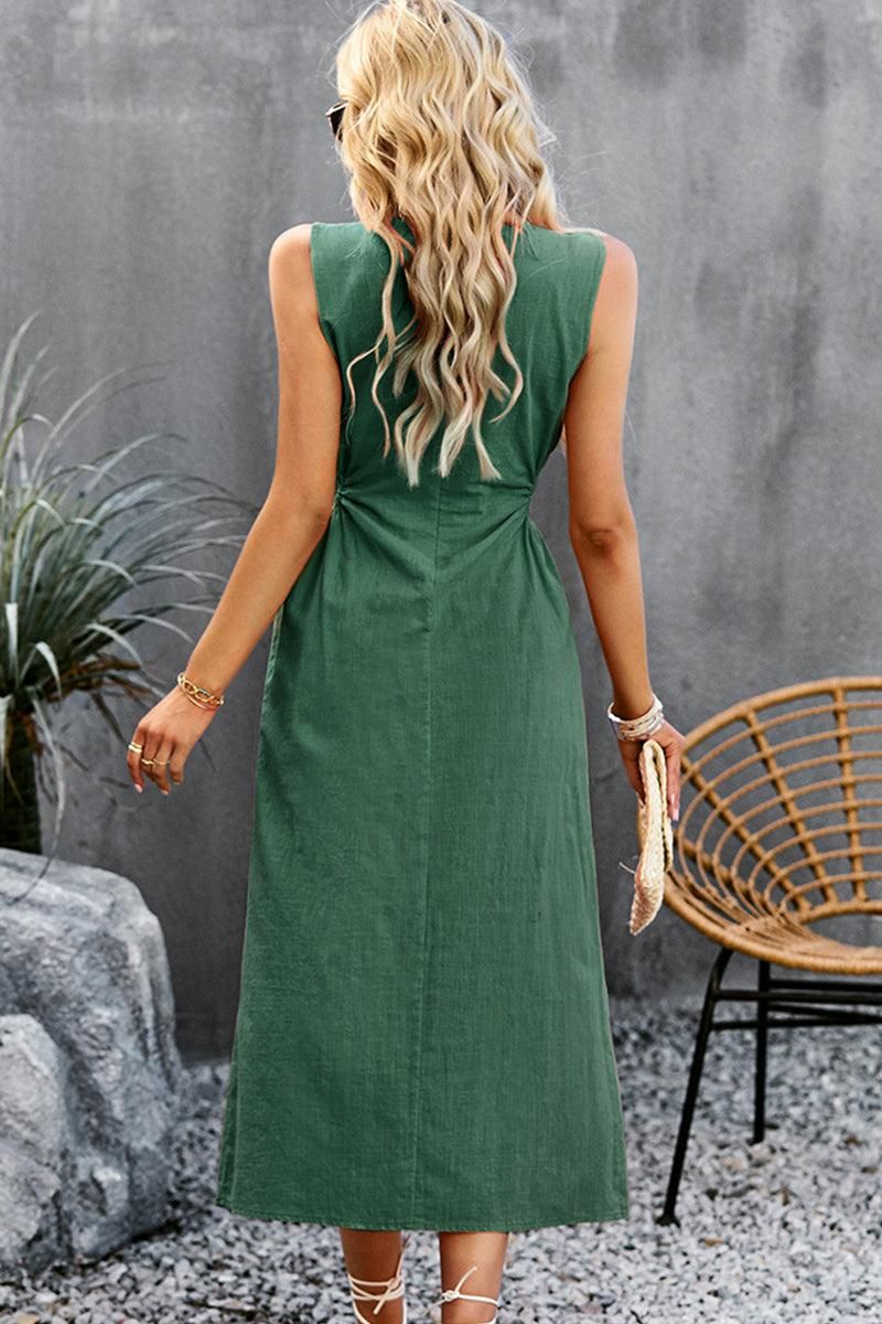 SLEEVELESS CUT OUT DETAILED SIDE SLIT DRESS - Doublju