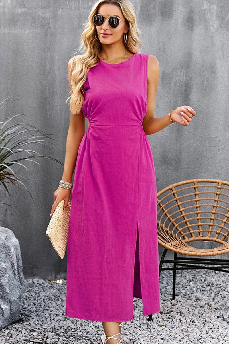 SLEEVELESS CUT OUT DETAILED SIDE SLIT DRESS - Doublju