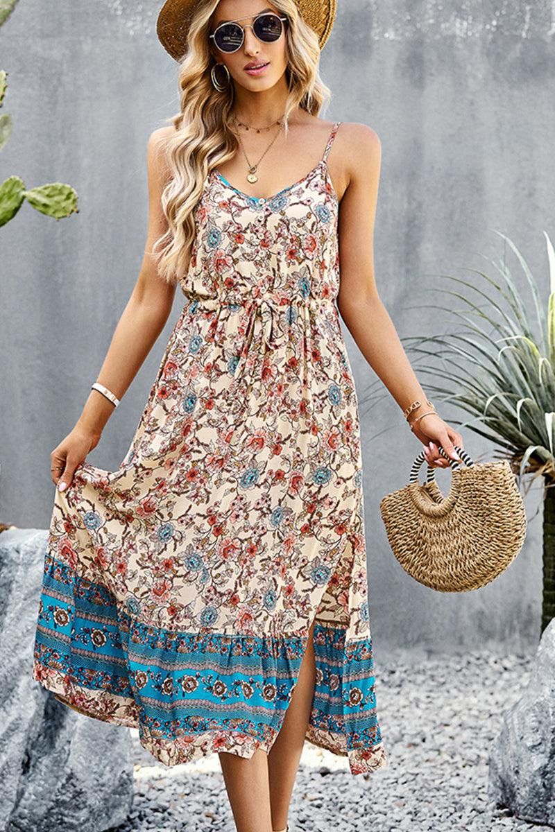 CAMI STYLE PATTERNED LONG DRESS - Doublju