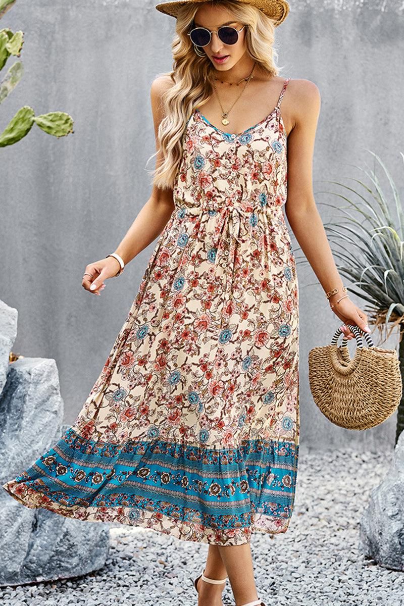 CAMI STYLE PATTERNED LONG DRESS - Doublju