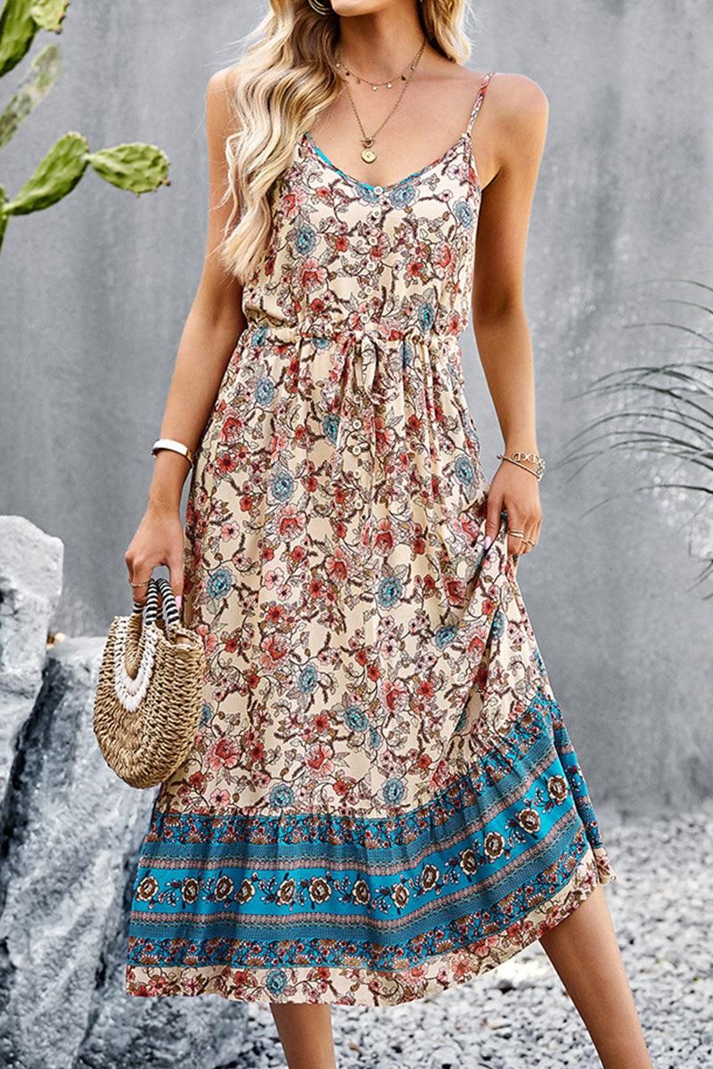 CAMI STYLE PATTERNED LONG DRESS - Doublju