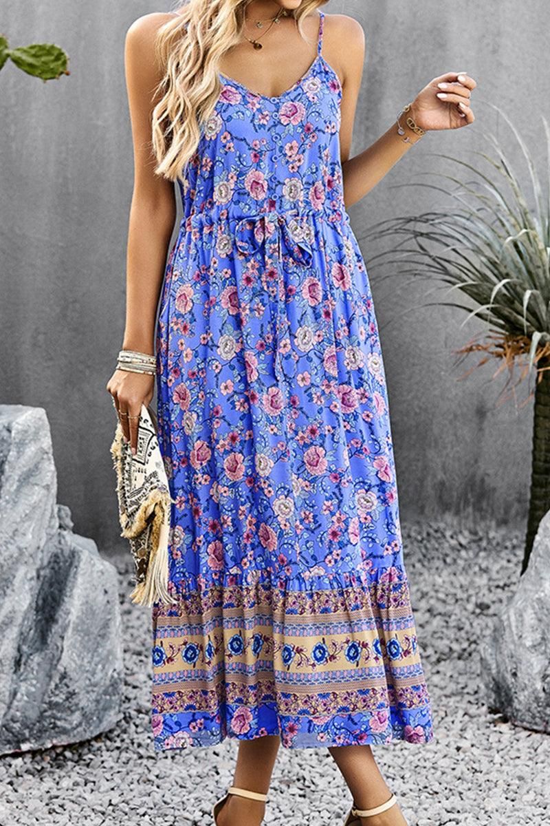CAMI STYLE PATTERNED LONG DRESS - Doublju