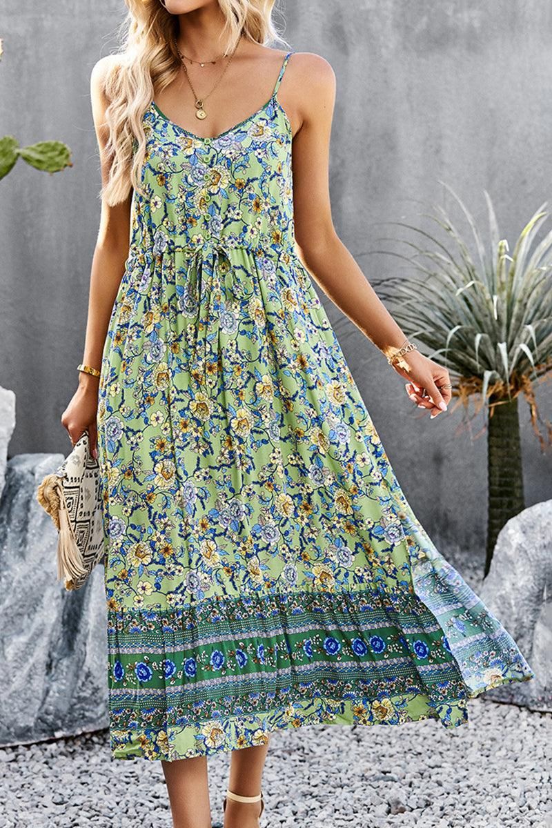 CAMI STYLE PATTERNED LONG DRESS - Doublju