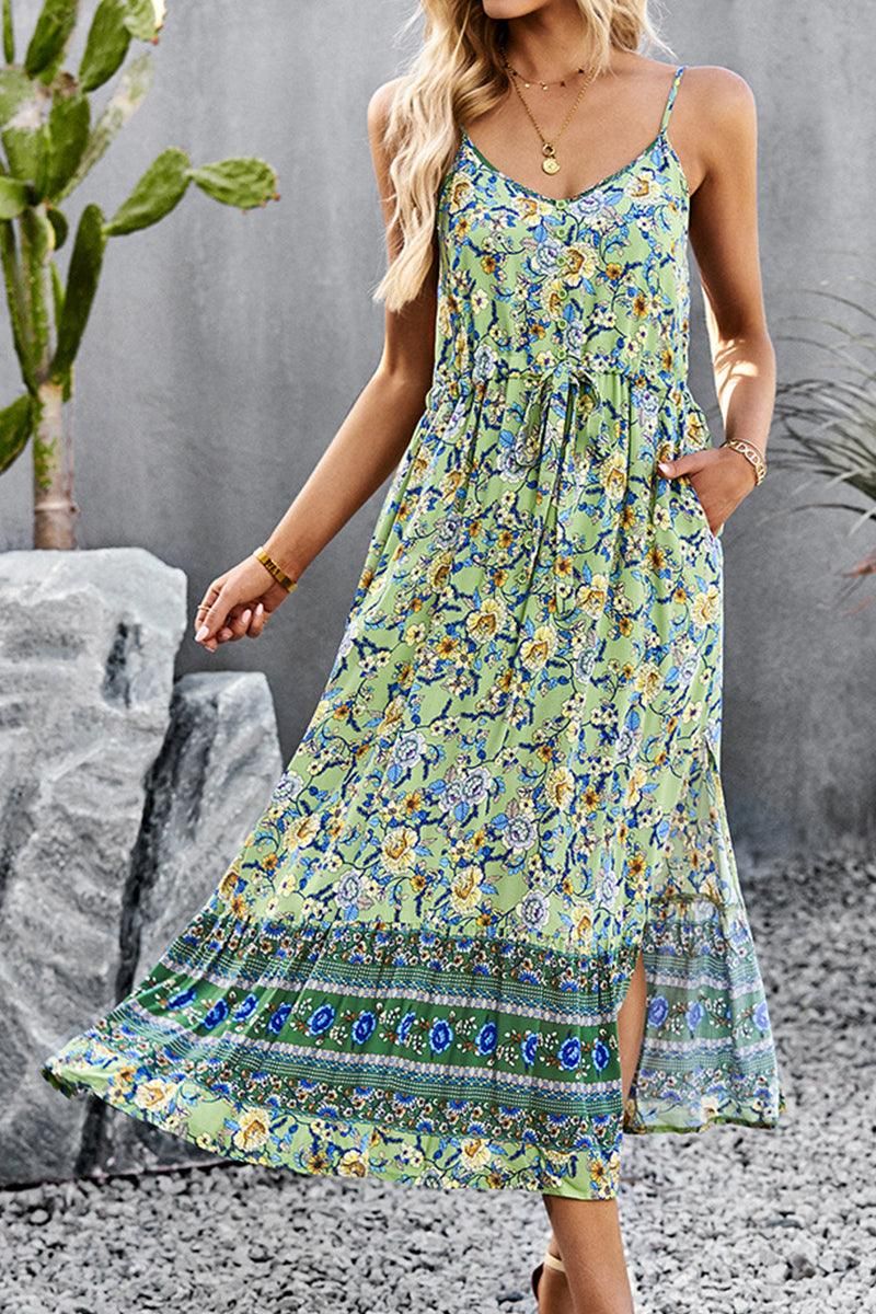 CAMI STYLE PATTERNED LONG DRESS - Doublju