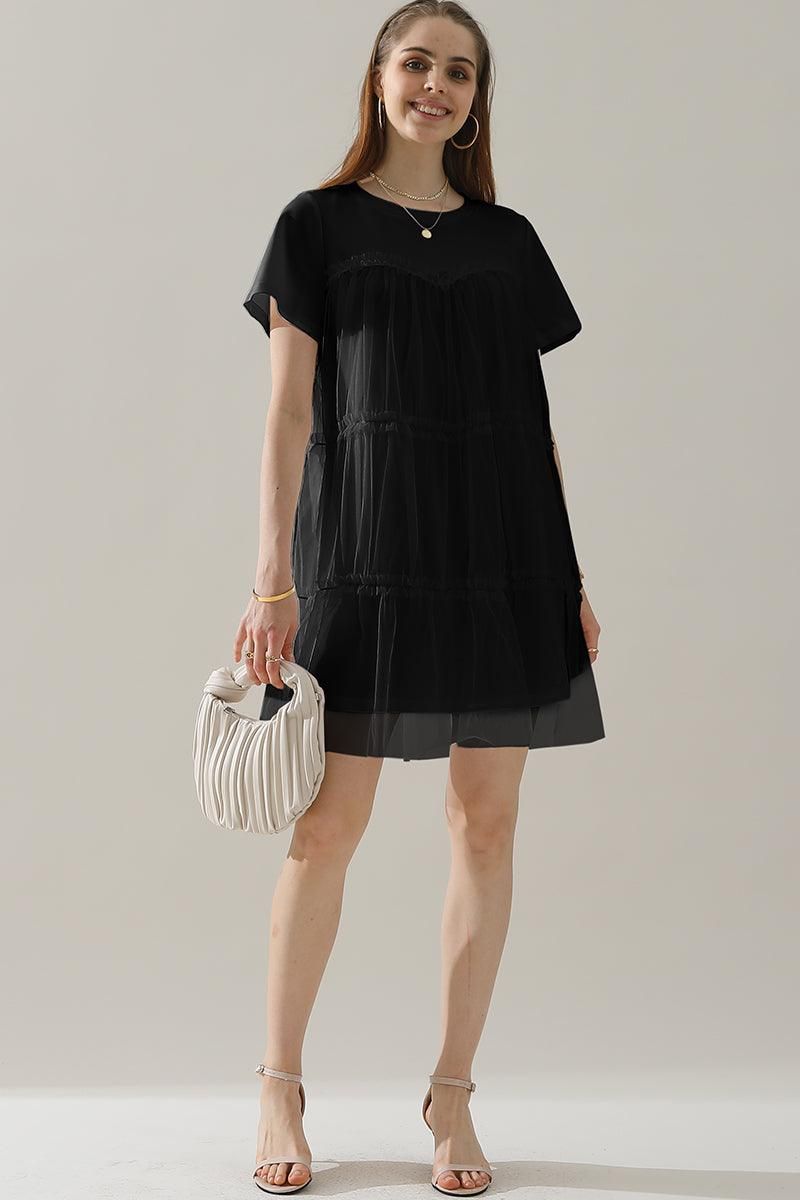 ROUND NECK GAUZE SPLICING SHORT DRESS - Doublju