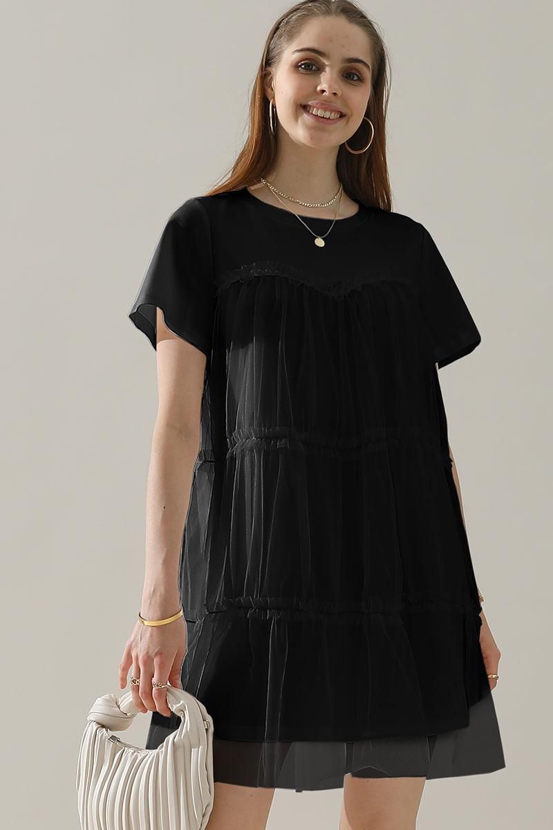 ROUND NECK GAUZE SPLICING SHORT DRESS - Doublju