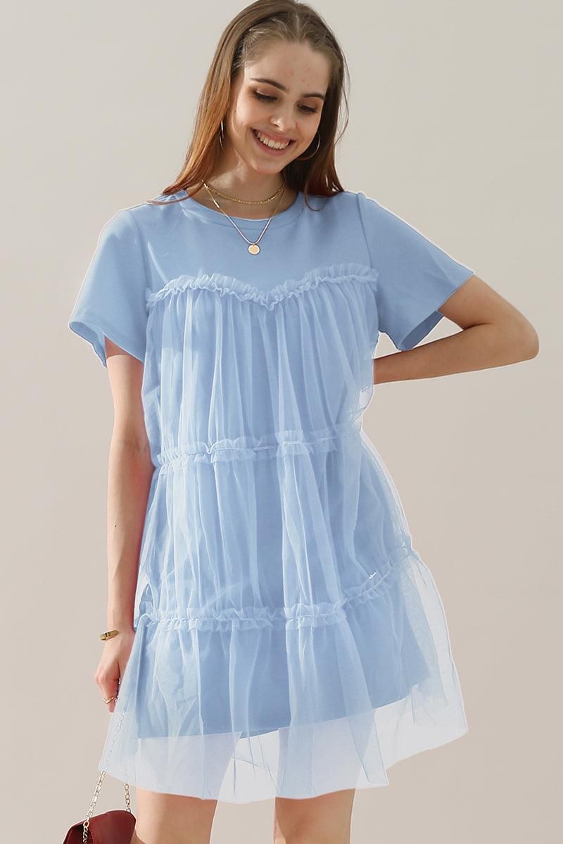 ROUND NECK GAUZE SPLICING SHORT DRESS - Doublju
