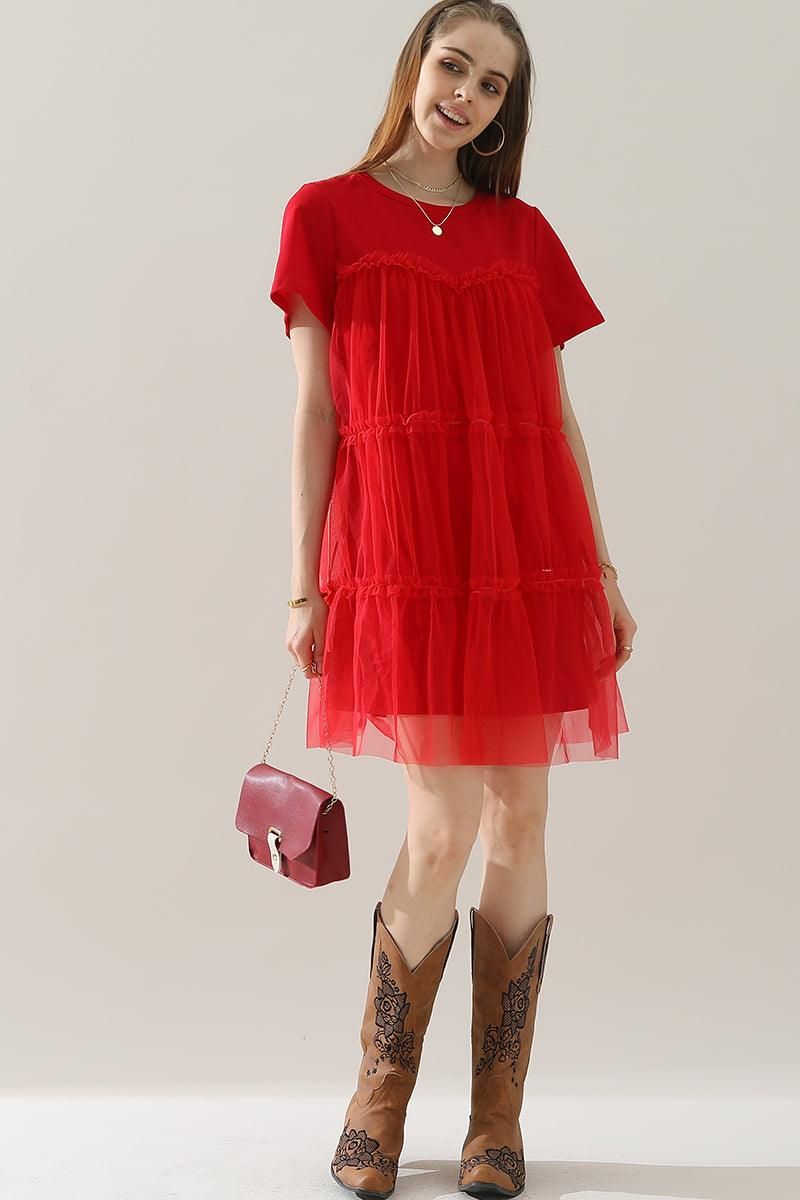 ROUND NECK GAUZE SPLICING SHORT DRESS - Doublju