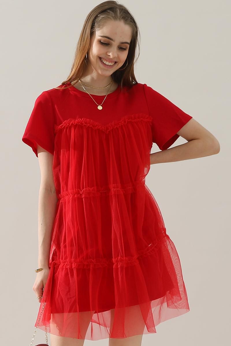 ROUND NECK GAUZE SPLICING SHORT DRESS - Doublju