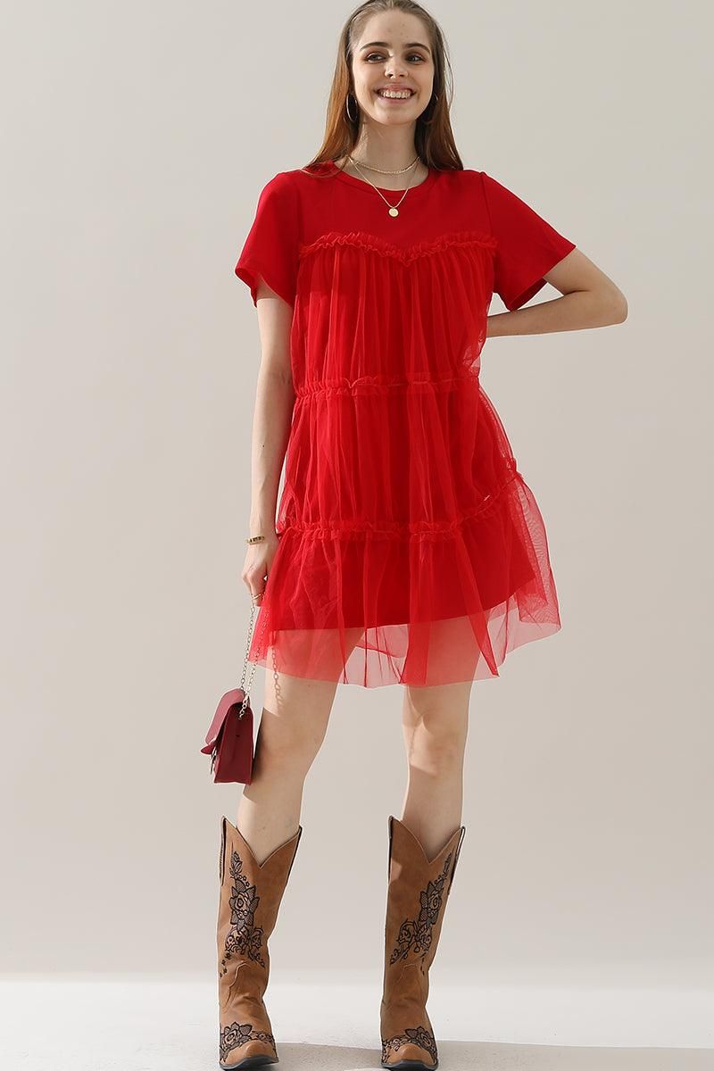 ROUND NECK GAUZE SPLICING SHORT DRESS - Doublju