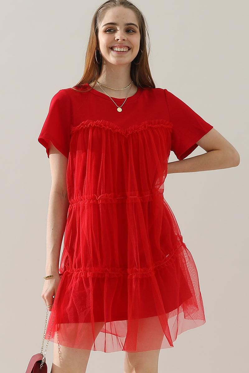 ROUND NECK GAUZE SPLICING SHORT DRESS - Doublju