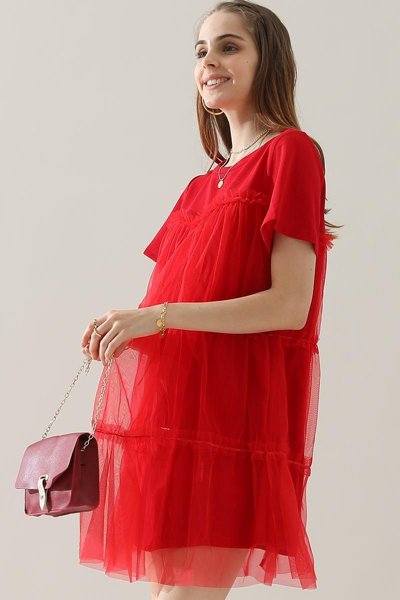 ROUND NECK GAUZE SPLICING SHORT DRESS - Doublju