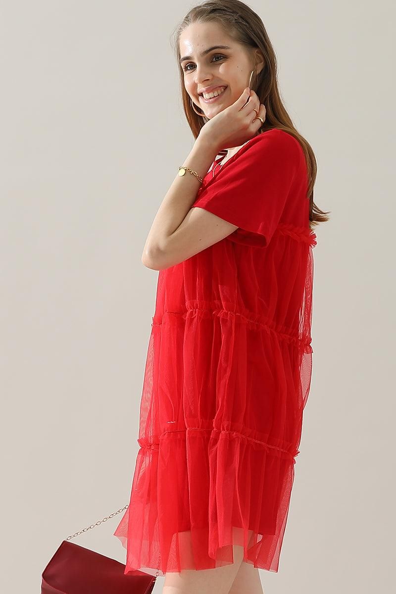 ROUND NECK GAUZE SPLICING SHORT DRESS - Doublju