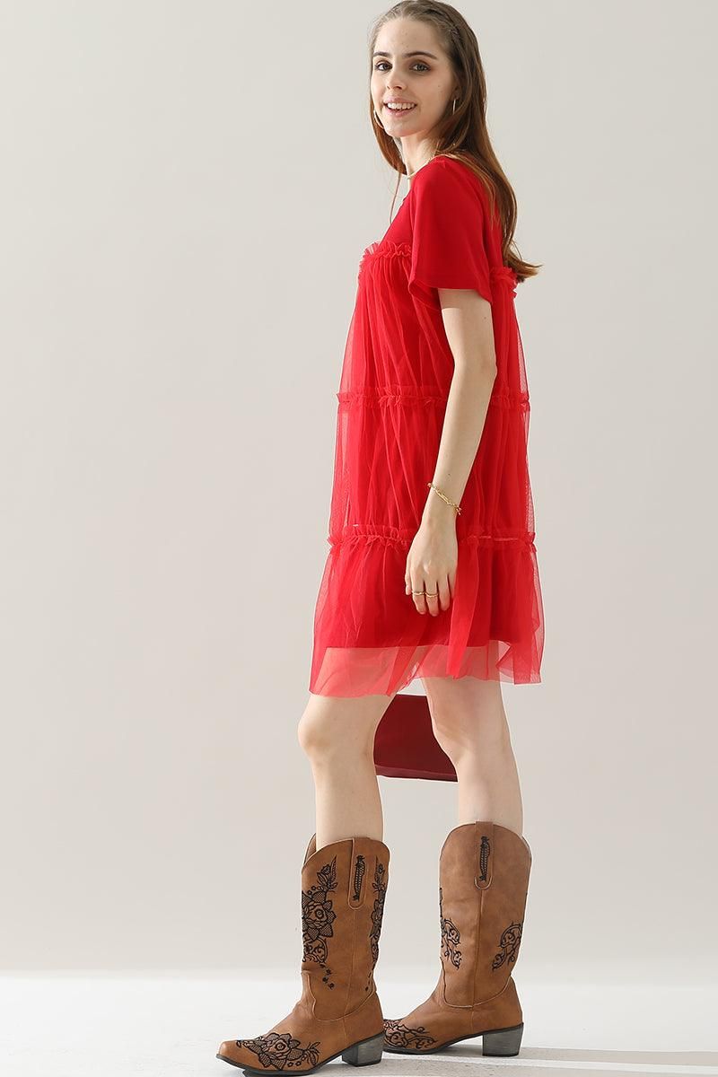 ROUND NECK GAUZE SPLICING SHORT DRESS - Doublju