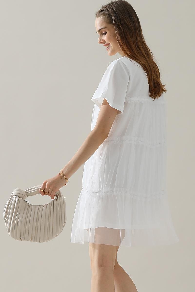 ROUND NECK GAUZE SPLICING SHORT DRESS - Doublju