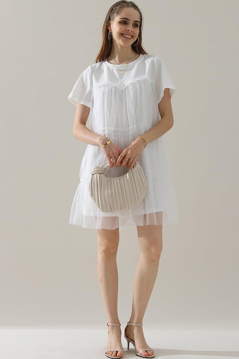 ROUND NECK GAUZE SPLICING SHORT DRESS - Doublju