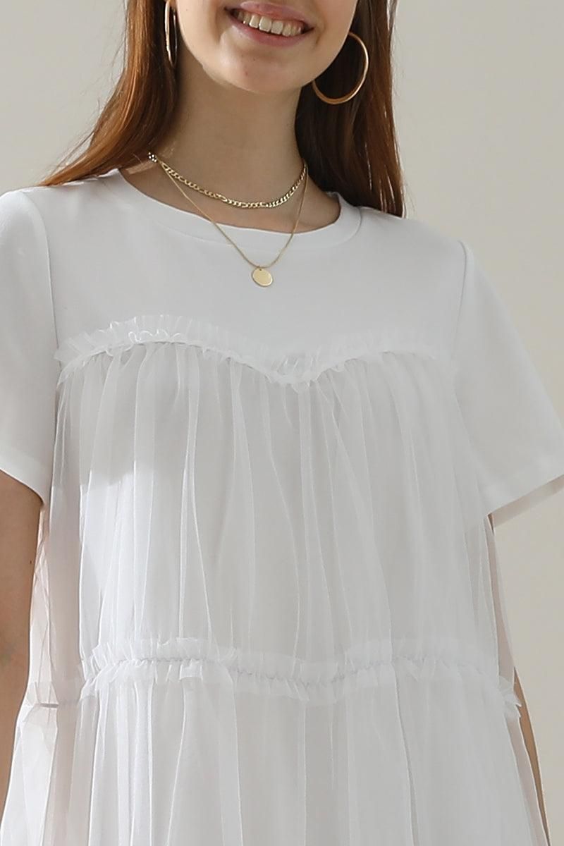 ROUND NECK GAUZE SPLICING SHORT DRESS - Doublju