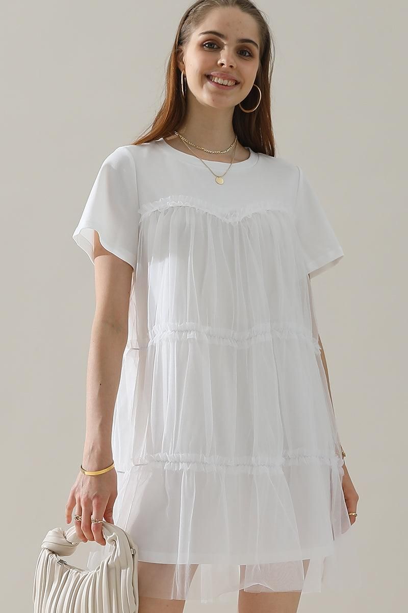 ROUND NECK GAUZE SPLICING SHORT DRESS - Doublju