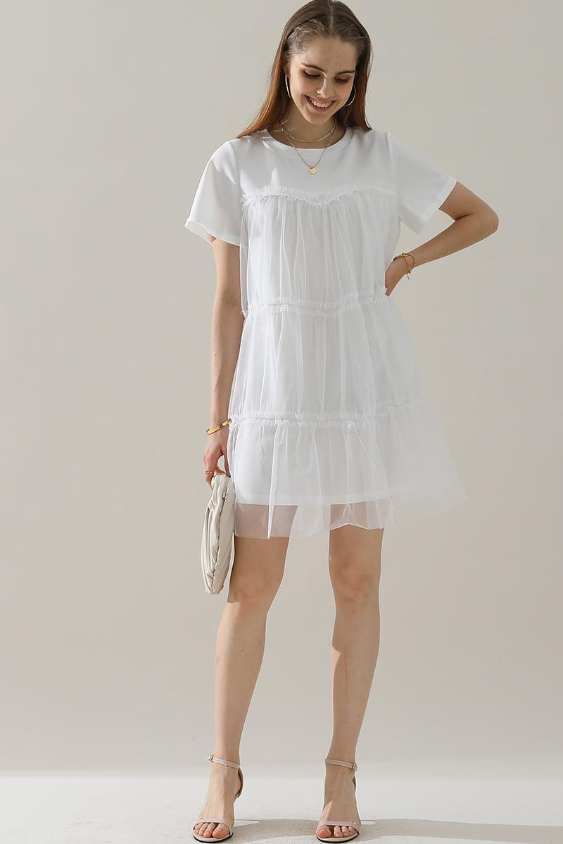 ROUND NECK GAUZE SPLICING SHORT DRESS - Doublju
