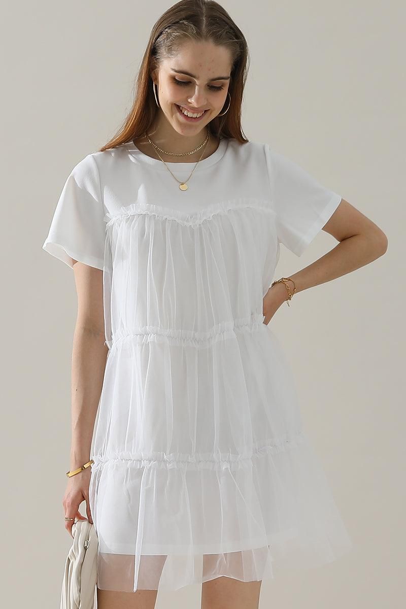 ROUND NECK GAUZE SPLICING SHORT DRESS - Doublju
