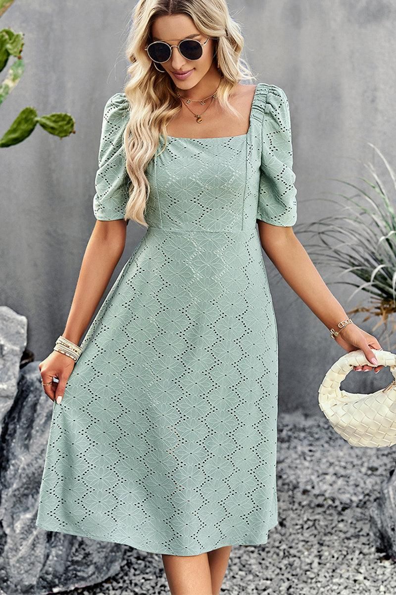 SQUARE NECK PUNCHING DETAILED CASUAL DRESS - Doublju